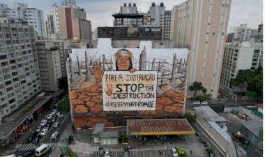 Mural gigante denuncia bilionários dos EUA que lucram com desmatamento no Brasil 